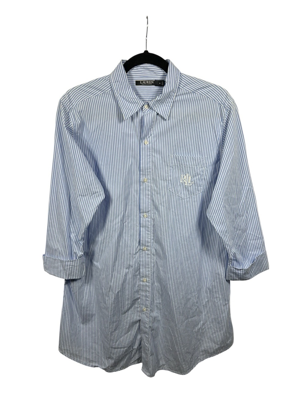 Ralph Lauren Womens Medium Poplin Sleep Shirt Striped Blue White Cotton Summer